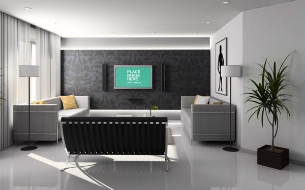 TV hanging on wall in 3D living room