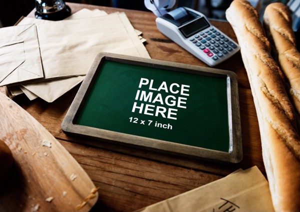 Chalkboard on wooden table