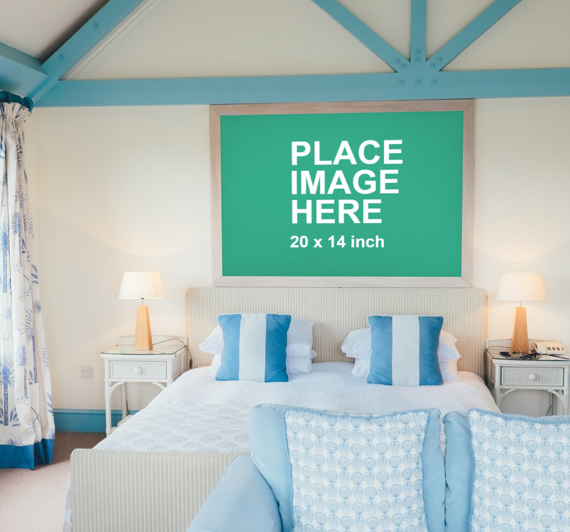 Large poster hanging over bed