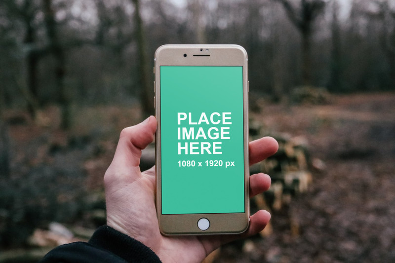 Man holding iPhone in woods