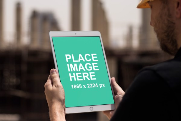 Construction man holding iPad pro