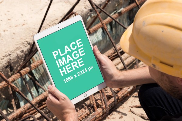 Construction man holding iPad pro