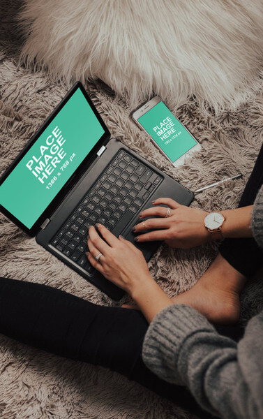 Woman on Samsung Chromebook with iPhone